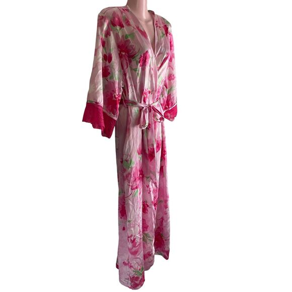 Jones New York Robe Womens Small Medium Pink Floral Satin Kimono Belted Pockets - Picture 2 of 6